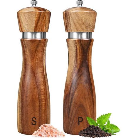 Lot de 2 moulins à sel et poivre en bois d'acacia de 20,3 cm, broyeur en céramique pour divers moulins à épices, moulin à sésame (1/5)