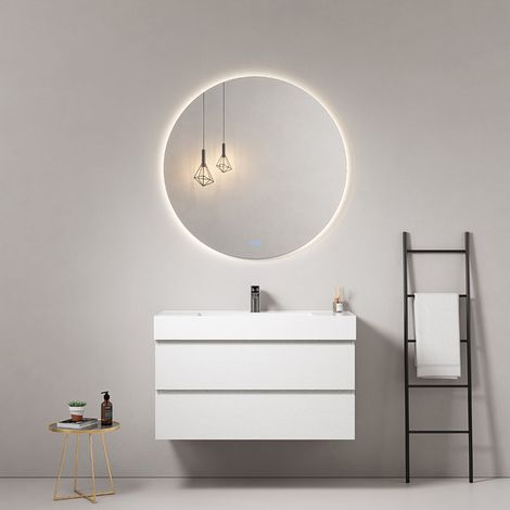 Mobile bagno sospeso 100 cm Bianco Lavabo in Resina Specchio Tondo Retroilluminato - Fiji Wood