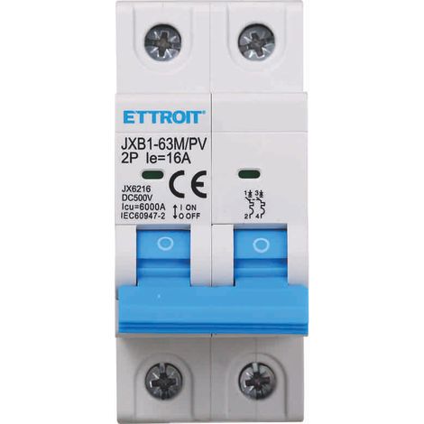 Interruttore Magnetotermico Fotovoltaico 2P DC 500V 16A 6kA Occupa 2 Moduli DIN Ettroit JX6216 (1/4)
