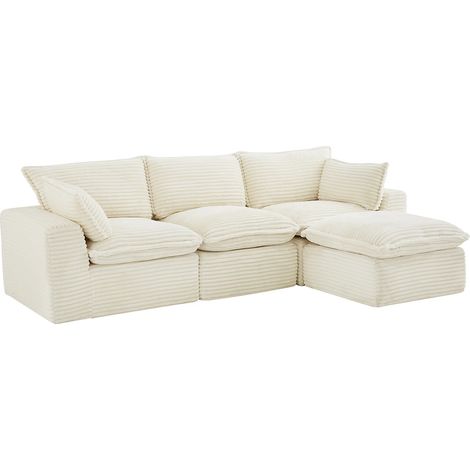Divano angolare compatto modulare con pouf in velluto a coste grosse beige - CYROMA