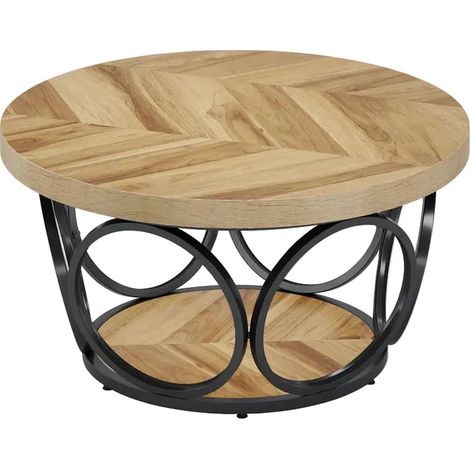 Table basse ronde en bois avec rangement à 2 niveaux, surface 80 cm, couleur marron (1/5)