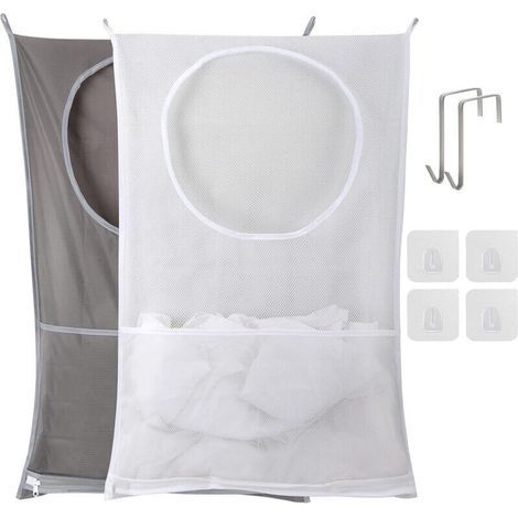 Lot de 2 paniers à linge suspendus à la porte Sacs à linge pliables sur la porte Sac à linge Grand panier de rangement pour vêtements pour économiser de l'espace Grand sac à linge (1 gris et (1/5)