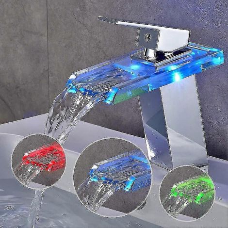 Grifo de lavabo con cascada LED RGB, grifo mezclador de baño con cambio de 3 colores y cristal de latón cromado. (1/5)