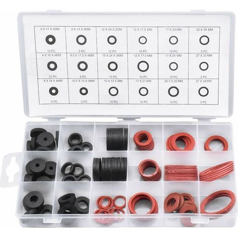 141 PCS Joint Rondelle en Caoutchouc et Joint Fibre, 18 Tailles Joint Plat d'Etanchéité, Assortiment de Rondelles pour Robinet, Vanne, Pompe, Plomberie -Noir et Rouge (1/4)