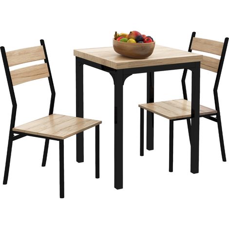 Table de salle à manger compacte 3 pièces avec 1 table et 2 chaises, aspect bois clair et métal noir, style maison de campagne, pour petits espaces  CHICFURN (1/5)
