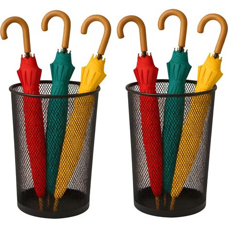 2 Portaombrelli a rete in metallo di colore nero - misura 26,5x26,5x51 cm - Cesta con bordo rinforzato e base antigoccia per ombrelli (1/5)