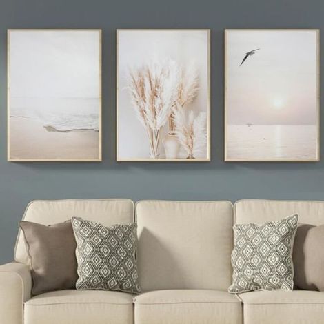 3 Pièces Mur Art Herbe Coucher De Soleil Plage Palmiers , Peinture Nordique Affiche Mur Photos Pour Salon Décor Sans Cadre - Beige (1/4)