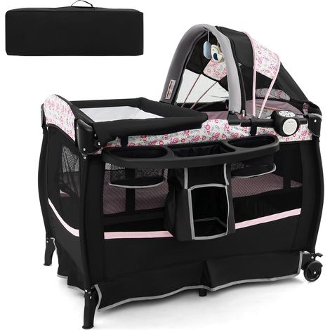 COSTWAY Lit Parapluie Bébé avec Matelas & Table à Langer Escamotable, Lit Bébé Évolutif avec Boîte à Musique & Jouets Suspendus, Auvent Réglable, Lit de Voyage pour 0-36 Mois (Fleurs Roses,Noir)