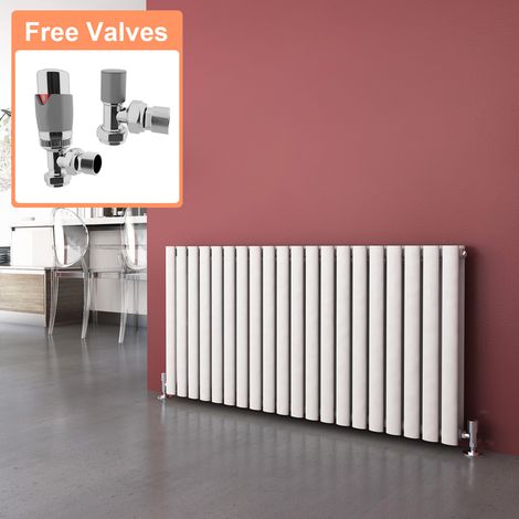 ELEGANT White Double 600 x 1190 mm Horizontal Radiator Oval Column Designer Radiator Central Heating + Chrome Thermostatic Radiator Valves (1/5)