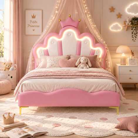 Lit enfant 90 x 200 cm,Lit Rembourré Princesse,tête de lit couronne avec LED,cadre de lit, sommier à lattes,pour chambre d'enfant,PU,Rose (1/5)