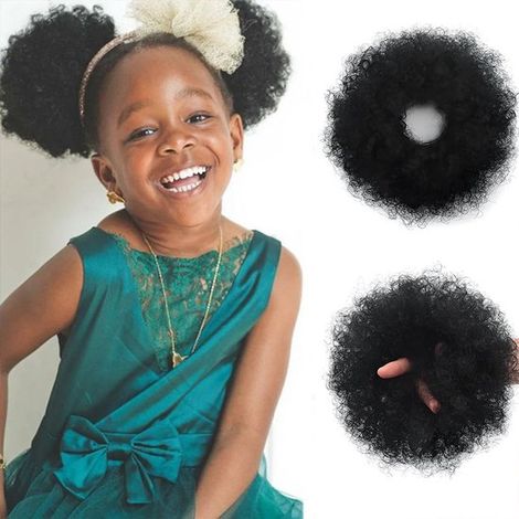 Postiches bouclés - Lot de 2 - Extensions queue de cheval bouclée pour enfants - Cheveux synthétiques - Noir - Pour jeux de rôle et fêtes - Élastiques souples - Faciles à porter (1/5)