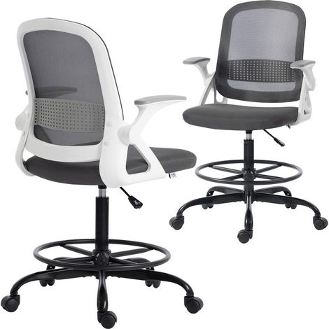 Chaise de bureau grise en maille motif dessin, accoudoirs relevables, hauteur réglable et repose-pieds, design