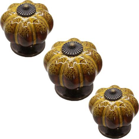 Juego de 3 tiradores de cerámica para cajones - Tirador de armario vintage con forma de calabaza y un solo orificio, color amarillo. (1/5)