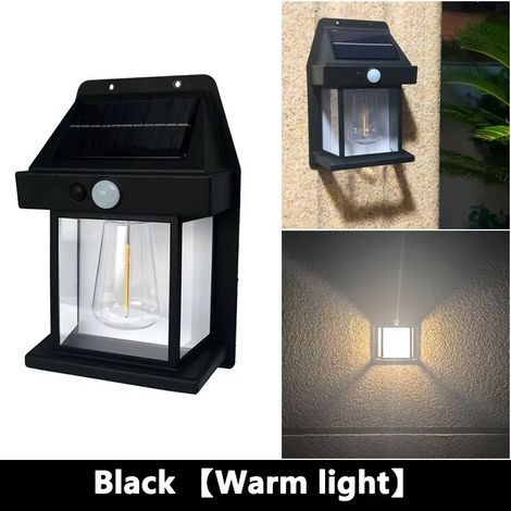 (Corps noir) Applique murale solaire extérieure à incandescence avec détecteur de mouvement, étanche IP65, pour terrasse, porche, grange ou balcon. Compatible avec les terrasses, balcons, vérandas et (1/5)