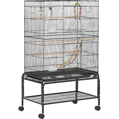 Cage à oiseaux sur roulettes avec 4 mangeoires et 3 perchoirs, 79 x 49 x 133 cm, noir (1/5)