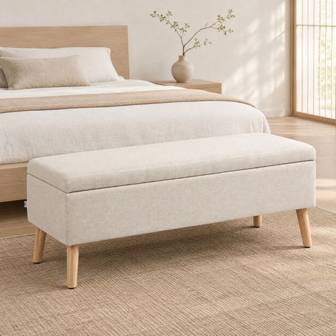 Gepolsterte Sitzbank mit Stauraum, 110 x 39 x 45 cm, Beige in Leinenoptik, Holz (1/5)