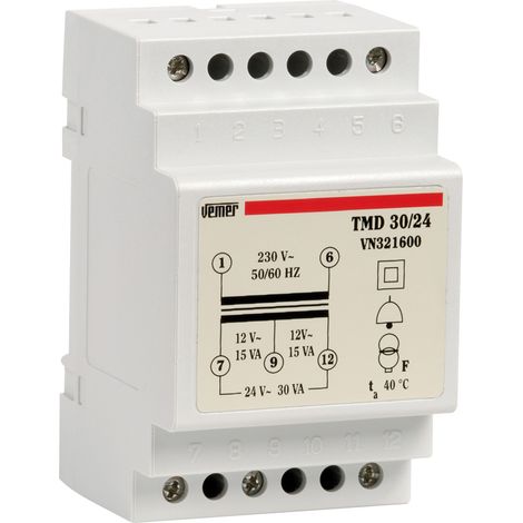 Transformateur pour service discontinu (sonnettes), tension primaire 230 V, secondaire 12–24 V AC, puissance 30 VA, montage sur rail DIN, Vemer VN321600 TMD 30/24
