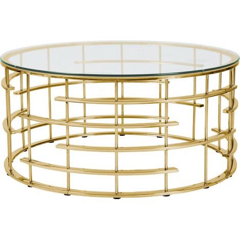 Table basse ronde de salon en verre de sécurité transparent et acier inoxydable doré Ø 90 cm - PANGIVO (1/3)