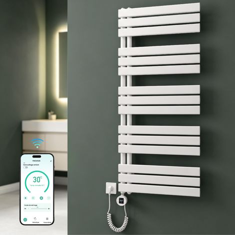 Mai & Mai Sèche-serviettes Électrique 131x60cm Blanc avec Résistance Chauffante 900 W Contrôle à Distance Chauffage Central Radiateur pour Salle de Bain (1/5)