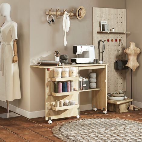 Table de couture pliante meuble couture à abattant avec bacs de rangement, étagère ouverte et roulettes, bois naturel (1/5)