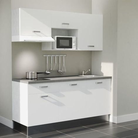 Kitchenette K30L-PT - 180 cm - plan stratifié, évier inox, - Façade Blanc - Plan Gris béton - Evier Inox - Crédences Non + Electroménager inclus coloris Blanc