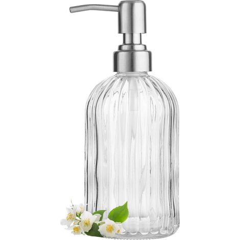 Dispenser di sapone in vetro trasparente con pompa in acciaio inox 304, 532 ml (18 oz), per cucina e bagno. Flacone dispenser per disinfettante per le mani.