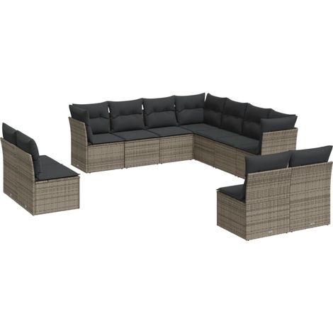 Gartenmöbel Set 11-teilig mit grauen Kissen aus geflochtener Kunststoffrattan