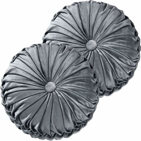 Lot de 2 oreillers ronds, 38 x 38 cm plissés, coussins de sol en velours vintage déco pour la maison canapé chaise lit, gris foncé (ondulation) (1/4)