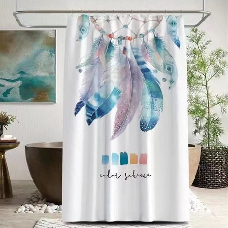 Rideau de douche 1 pièce avec 12 crochets, imperméable et anti-moisissure, 180 x 180 cm, lavable en machine, en polyester (motif plumes). (1/4)