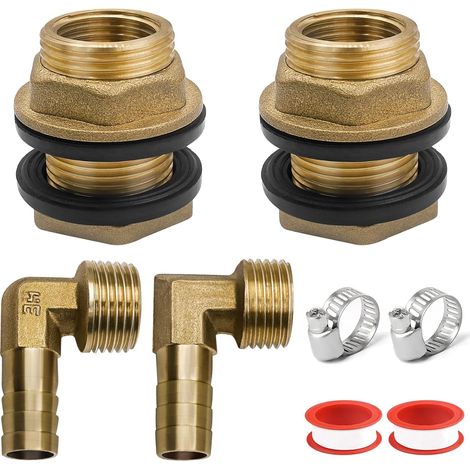 2 Raccord Citerne Eau de Pluie, Filetage Extérieur 3/4 Filetage Intérieur 1/2, Connecteur de Réservoir D'eau en Laiton, avec Coude en Laiton à 90°,Collier de Serrage 304,Ruban Adhésif (1/5)