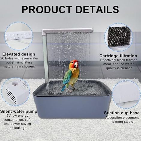 Douche Automatique pour Oiseaux avec Circulation d’Eau, Bain pour Cage et Fontaine, Accessoire pour Calopsittes et Inséparables, Système d’Eau Facile à Installer pour Cage à Oiseaux (1/4)