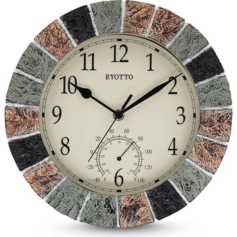 Horloge murale intérieur/extérieure de 25,4 cm avec thermomètre - Résistante aux intempéries, étanche, silencieuse - Pour terrasse, piscine, jardin, lanai, clôture, véranda, salle de bain (1/5)