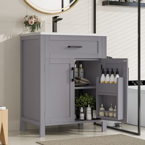 Mueble de lavabo 60x46x84,8 cm en MDF y cerámica gris con almacenaje, para baño – MEUBLIV (1/5)