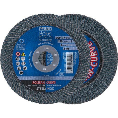 PFERD TOOLS POLIFAN CURVE Fächerscheibe PFR 150x22,23 mm Breite L Z40 SGP STEELOX für Stahl/Edelstahl 10 Stk (1/5)