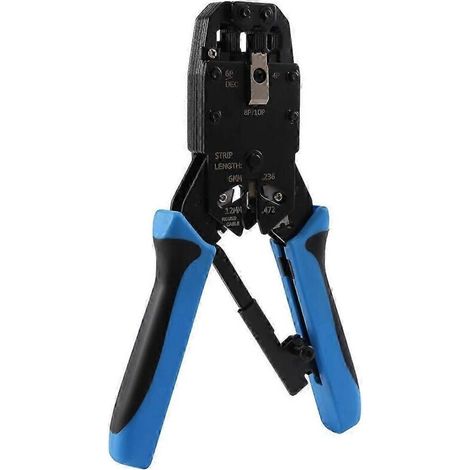 Pince à sertir RJ45 pour connecteurs réseau 10P, 8P, 6P et 4P. Outil de sertissage et de dénudage pour connecteurs Ethernet RJ45, RJ11, RJ12 et RJ50 (noir/bleu). (1/5)