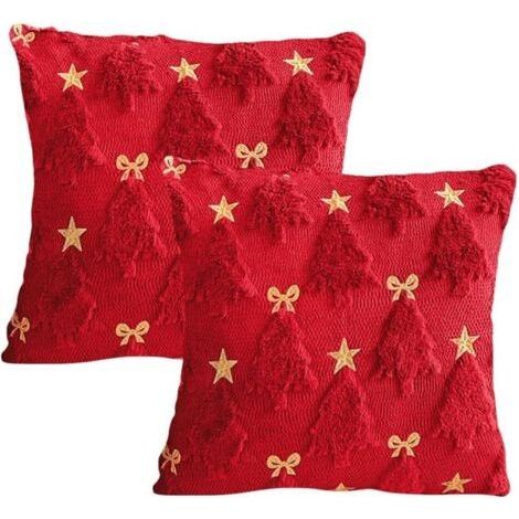 Embroidered Cushion Cover with Butterfly and Five-Pointed Star Pattern, Soft Plush Christmas Tree Pattern Pillowcase for Living Room, Bedroom Bow, Red 45×45CM (1/5)