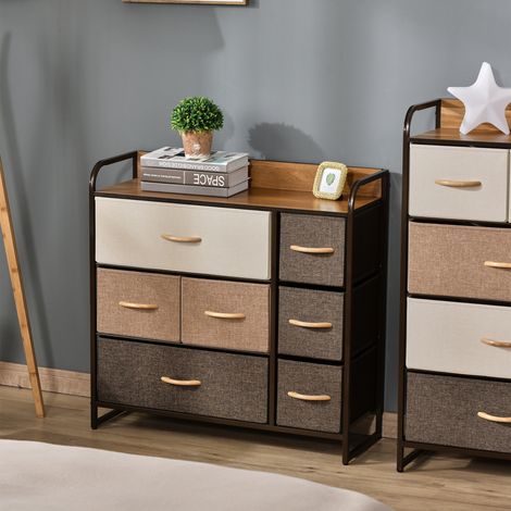 Commode de chambre à coucher avec 7 tiroirs pliants, plateau en bois et structure en métal, 80 x 29 x 78,5 cm, multicolore