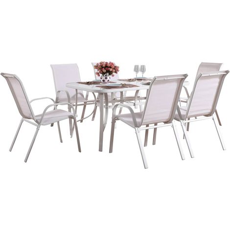 Habitat Et Jardin – Salon de jardin en textilène Cordoba – Ensemble 1 table 150 x 90 x 72 cm + 6 fauteuils – Couleur écru – Résistant aux intempéries (1/4)