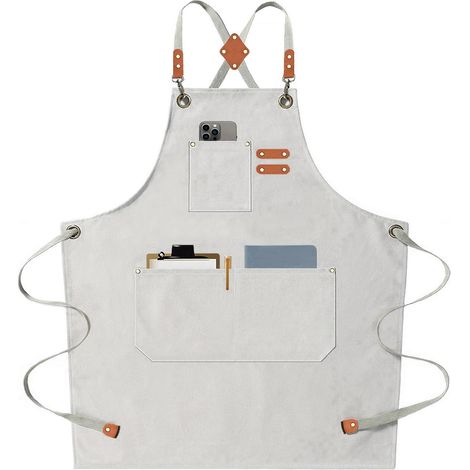 Unisex-Kochschürze mit großen Taschen, gekreuzten Riemen aus dickem, verstellbarem Baumwoll-Canvas, Arbeitsschürze für Küche/Café (Weiß).
