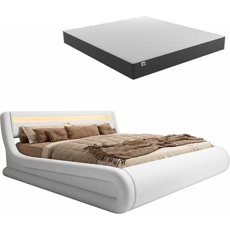 Cama Canapé de matrimonio con colchón  Cama doble con Cabecero y Canapé LED  Somier lamas  Blanco  Madera y polipiel  Modelo Rodas  160x200 (1/5)