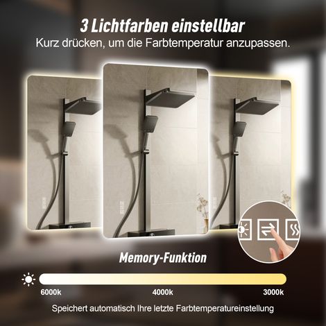 Miroir de salle de bain LED 60x100 cm, rétroéclairé, antibuée, 3 températures de couleur, variateur sans paliers, fonction mémoire, étanche IP44, fixation horizontale ou verticale. (1/5)