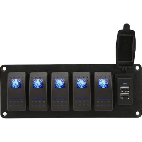 Panneau 5 interrupteurs à bascule 12V-24V avec double USB 5V 3,4A, rétroéclairage LED bleu, pour bateau, voiture, camion (1/5)