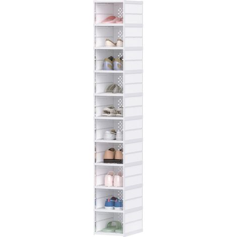 Set mit 10 faltbaren Schuhkartons aus Kunststoff mit Deckel, stapelbar, passend bis Größe 43, weiß