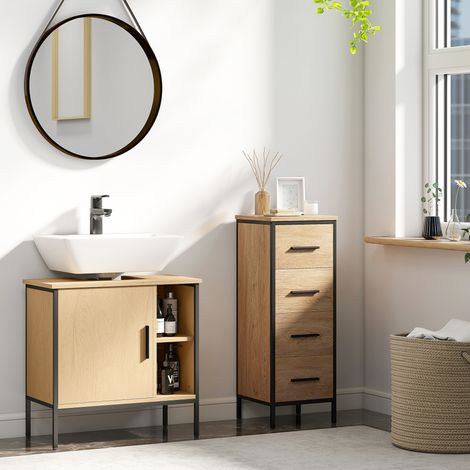 meuble bas lavabo avec porte et étagère réglable pour lavabo avec pied 60x30x59,5 cm chêne