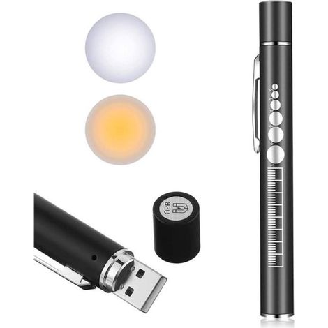 Linterna médica tipo bolígrafo con carga USB, doble LED, para diagnóstico, con pupilómetro, tapa magnética y clip de bolsillo - Mini linterna recargable para emergencias médicas (1/5)