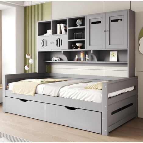 Schlafsofa 90/200 cm Grau aus Holz mit Stauraum und 2 Schubladen (1/5)