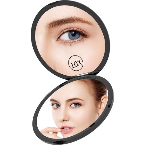 Miroir de poche portable pliable rond compact avec grossissement 1x/10x Petit miroir Miroir ultra fin Make Up Miroir de voyage (1/5)