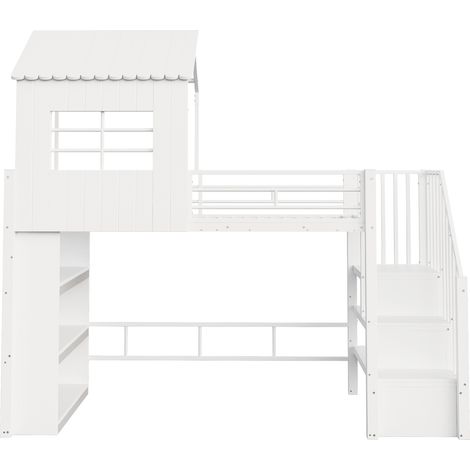 Cama alta 90x200 cm con escalera y almacenaje, blanca, metal y MDF (1/5)
