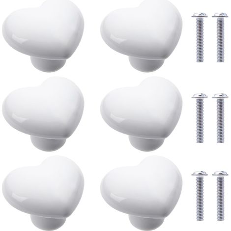 6 pièces boutons de placard en céramique, poignées cœur blancs, 40 mm, pour armoires de cuisine et bibliothèque (1/5)