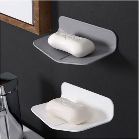 2pcs (White, Gray) Soap Dish with Drain Wall Mounted Shower Soap Holder Self Adhesive Plastic Soap Dish for Kitchen Sink No Drill (1/5)